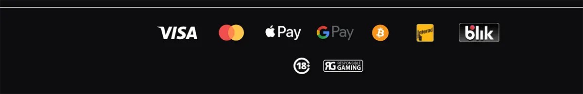 Footer-style banner with payment icons (Visa, Mastercard, Apple Pay, Google Pay, Bitcoin, Interac, Blik) and responsible gaming badges including 18+ and Responsible Gaming.