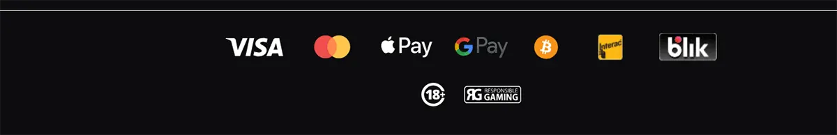 Footer-style banner with payment icons (Visa, Mastercard, Apple Pay, Google Pay, Bitcoin, Interac, Blik) and responsible gaming badges including 18+ and Responsible Gaming.