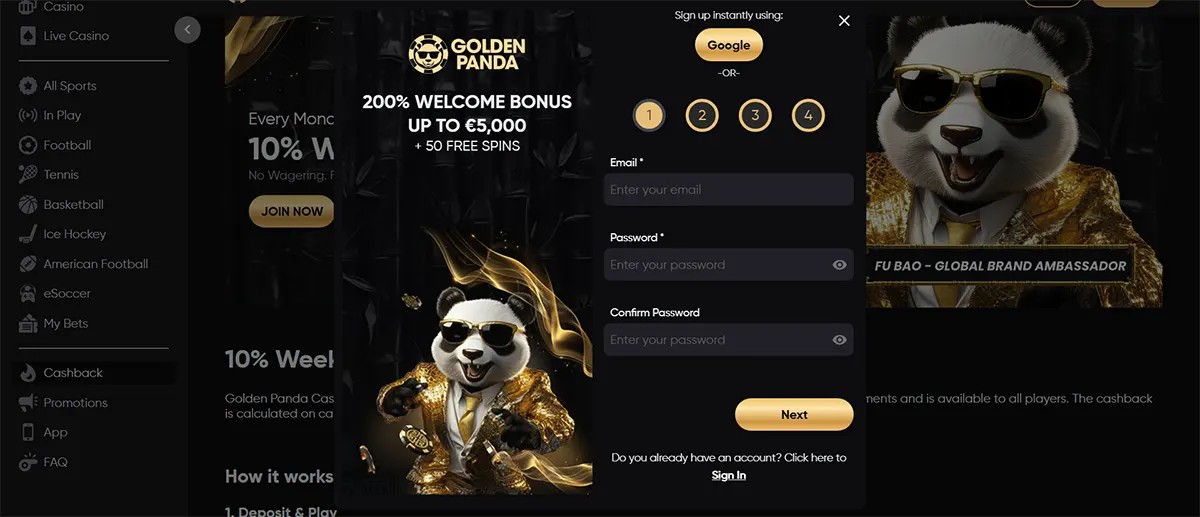 Golden Panda casino website screenshot with a centred sign-up modal showing a 200% welcome bonus up to €5,000 + 50 free spins, Google sign-up option, step indicators, and email/password fields, over a dark background featuring a panda mascot in a gold suit.