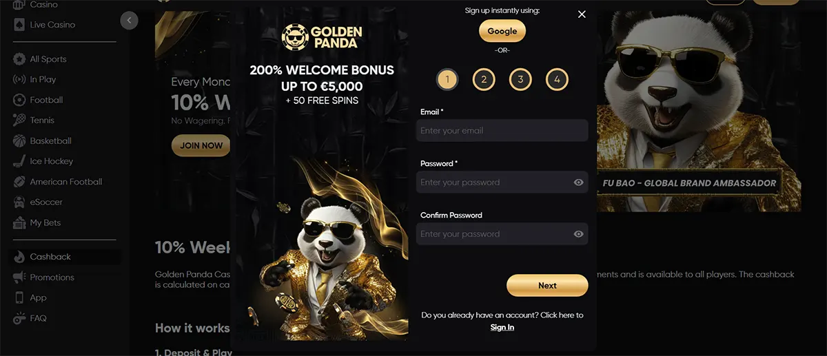 Golden Panda casino website screenshot with a centred sign-up modal showing a 200% welcome bonus up to €5,000 + 50 free spins, Google sign-up option, step indicators, and email/password fields, over a dark background featuring a panda mascot in a gold suit.
